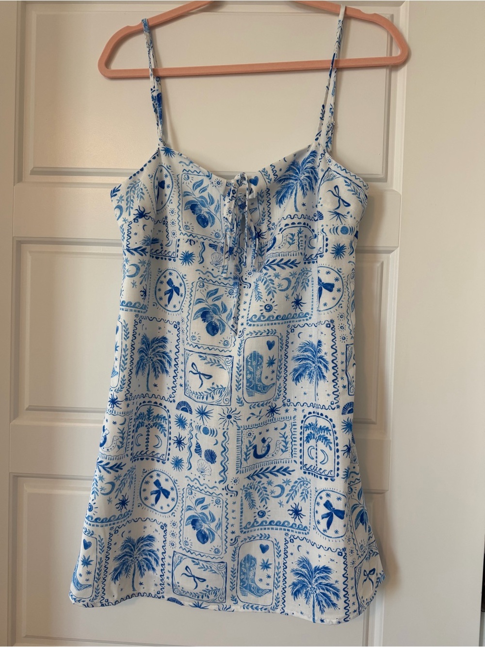 Altar'd State White Slip Dress with Blue Tropical Print